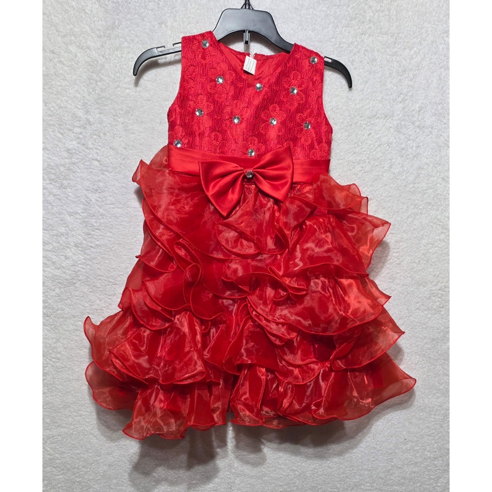 Ai Meng Baby Red Lace Rhinestone Ruffle Party Dress Holiday Special Occasion